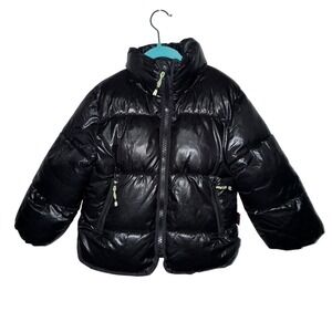 Kids Shiny Black Puffer Jacket Stand Collar Zip Front Padded Coat